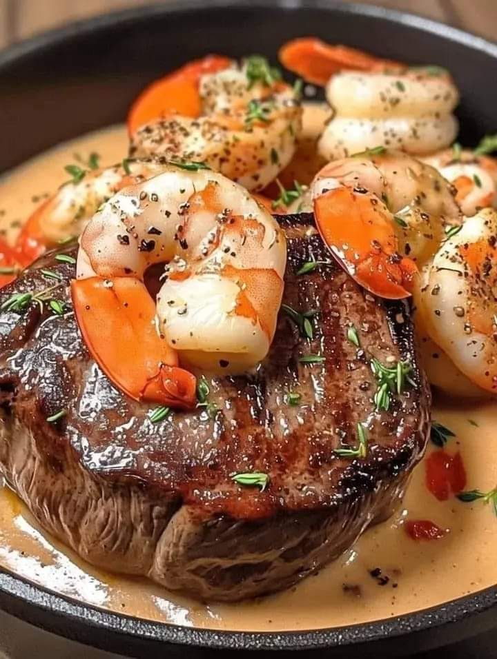 Filet Mignon with Shrimp and Lobster Cream 